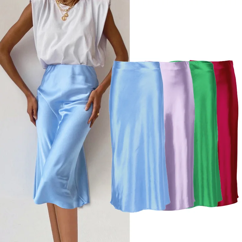 Women Satin Skirts Summer Fashion Female Solid Soft Skirt Women\'s High Waist A-line Zipper Skirts Sexy Female Skirts