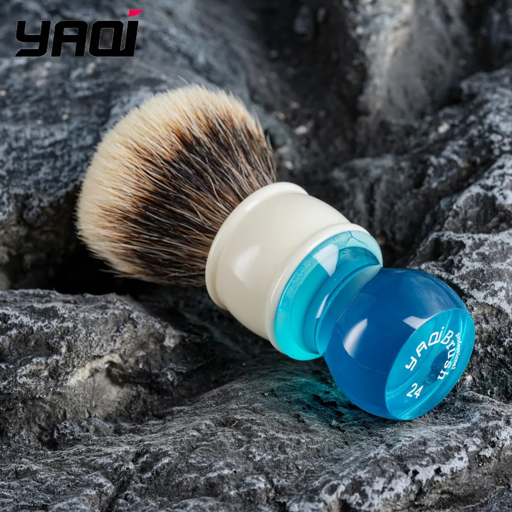 2026 Yaqi 24mm Aqua Two Band Badger Hair Shaving Brush Soft Medium Stiffness Beard Moustache Grooming Tool for Men And Women