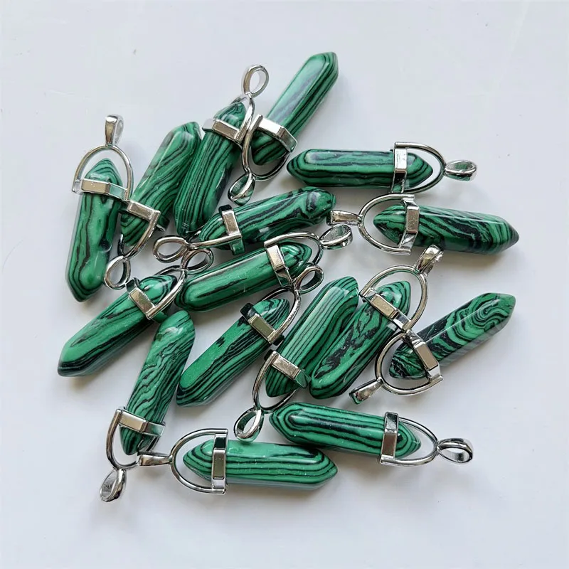 3PC 8*42CM Green Natural Stone Pillar Hexagonal Point Pendants for Necklaces Healing Bullet Pendulum Chakra Jewelry Charms