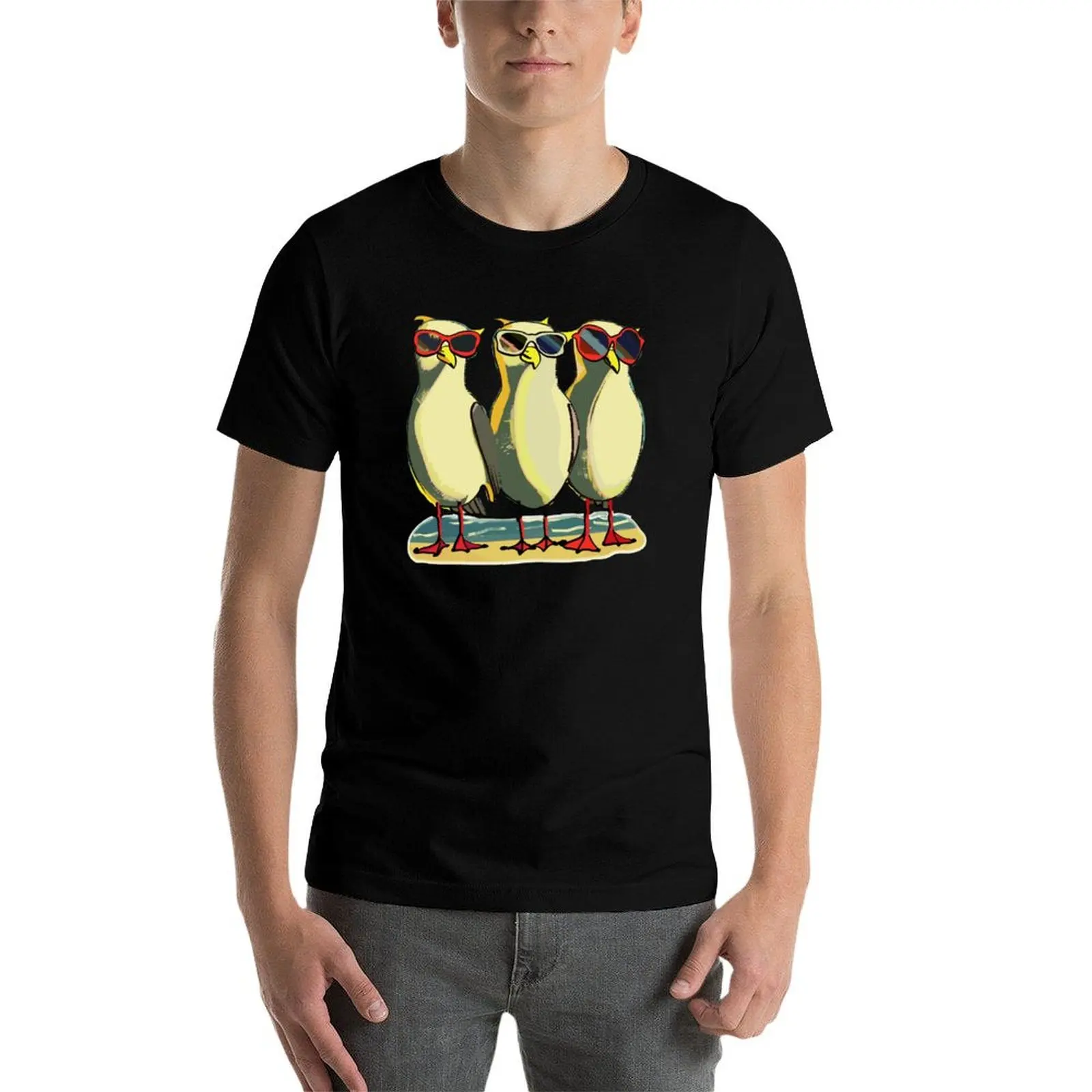 Três pássaros Anime Vintage camiseta masculina, Buda na praia, roupas da moda