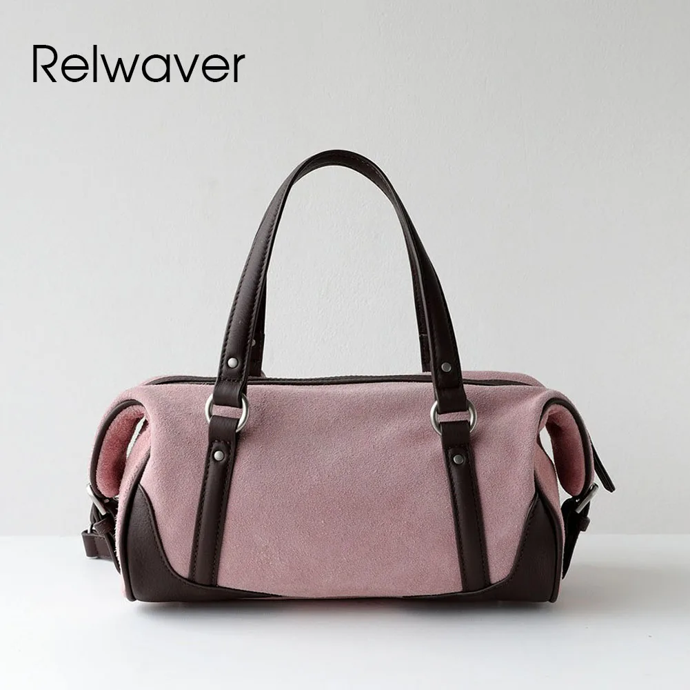 

Relwaver suede cowhide Boston bag genuine leather contrast color fashion shoulder bag 2026 spring summer chic crossbody bag
