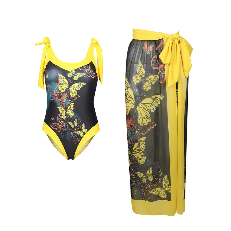 Fashion and Sexy Split Swimsuit Printed Chinese Suspender Long Skirt Swimsuit Swimming Beach Hot Spring Swimsuit