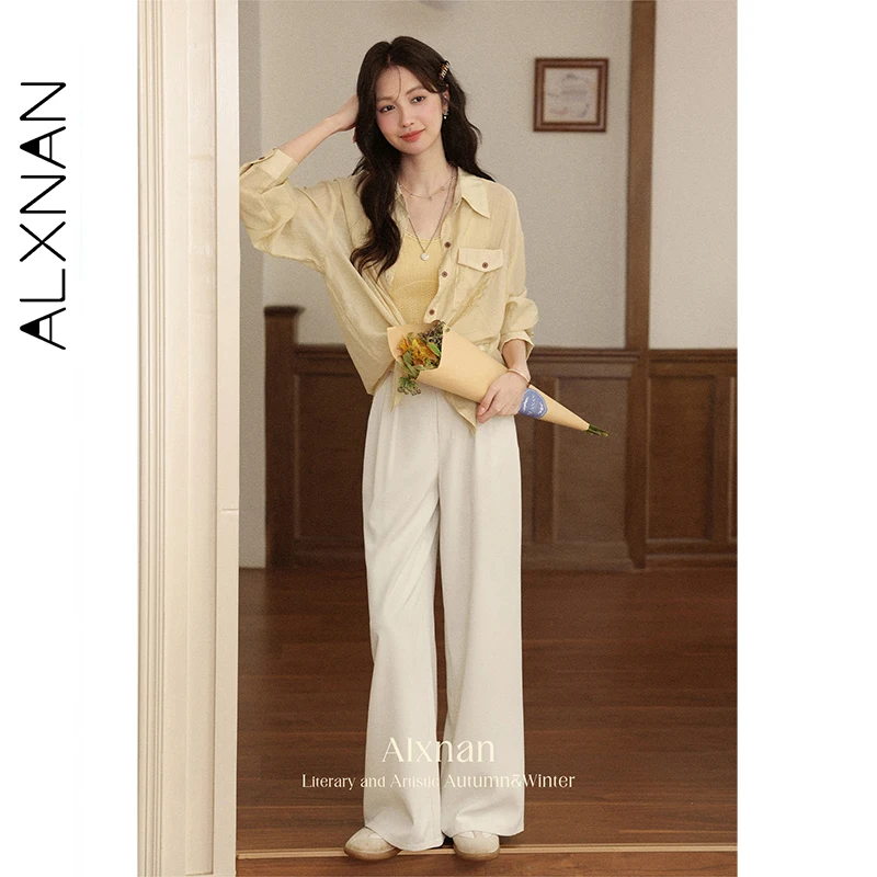 ALXNAN Women's Pants Straight Wide-leg Office Lady Baggy Pants Autumn Light Apricot Lace-paneled Waist Casual Trousers L56771
