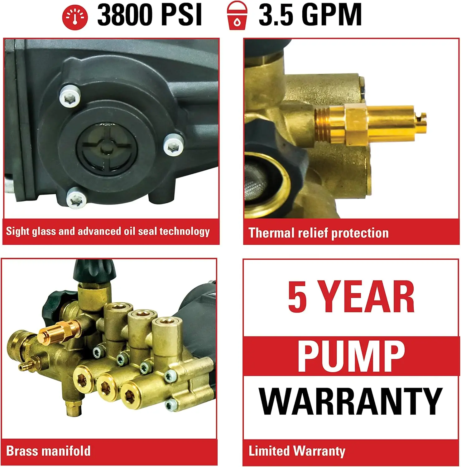 

AAA Pumps 90038 Horizontal Triplex Plunger Replacement Pressure Washer Pump Kit, 3800 PSI, 3.5 GPM, 1" Shaft, Includes Hardware