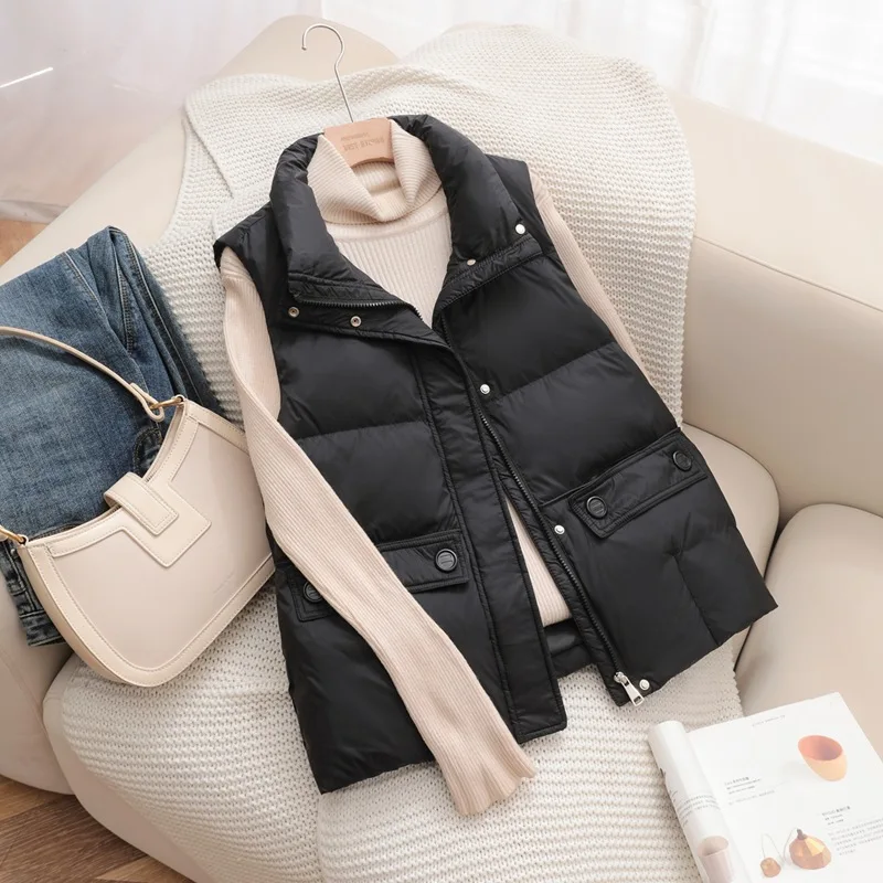 Spring Autumn Women Sleeveless Waistcoat Jacket Ultra Light White Duck Down Vest Female Korean Style Short Vest Outerwear