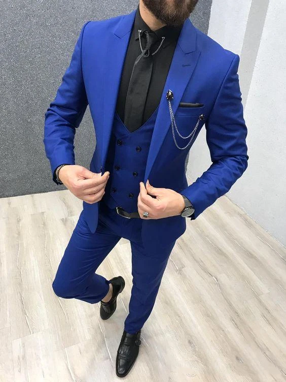 

Classic Three Piece Royal Blue Men Suits Peaked Lapel Custom Made Wedding Tuxedos Slim Fit Male Suits (Jacket + Pants + Vest+Tie
