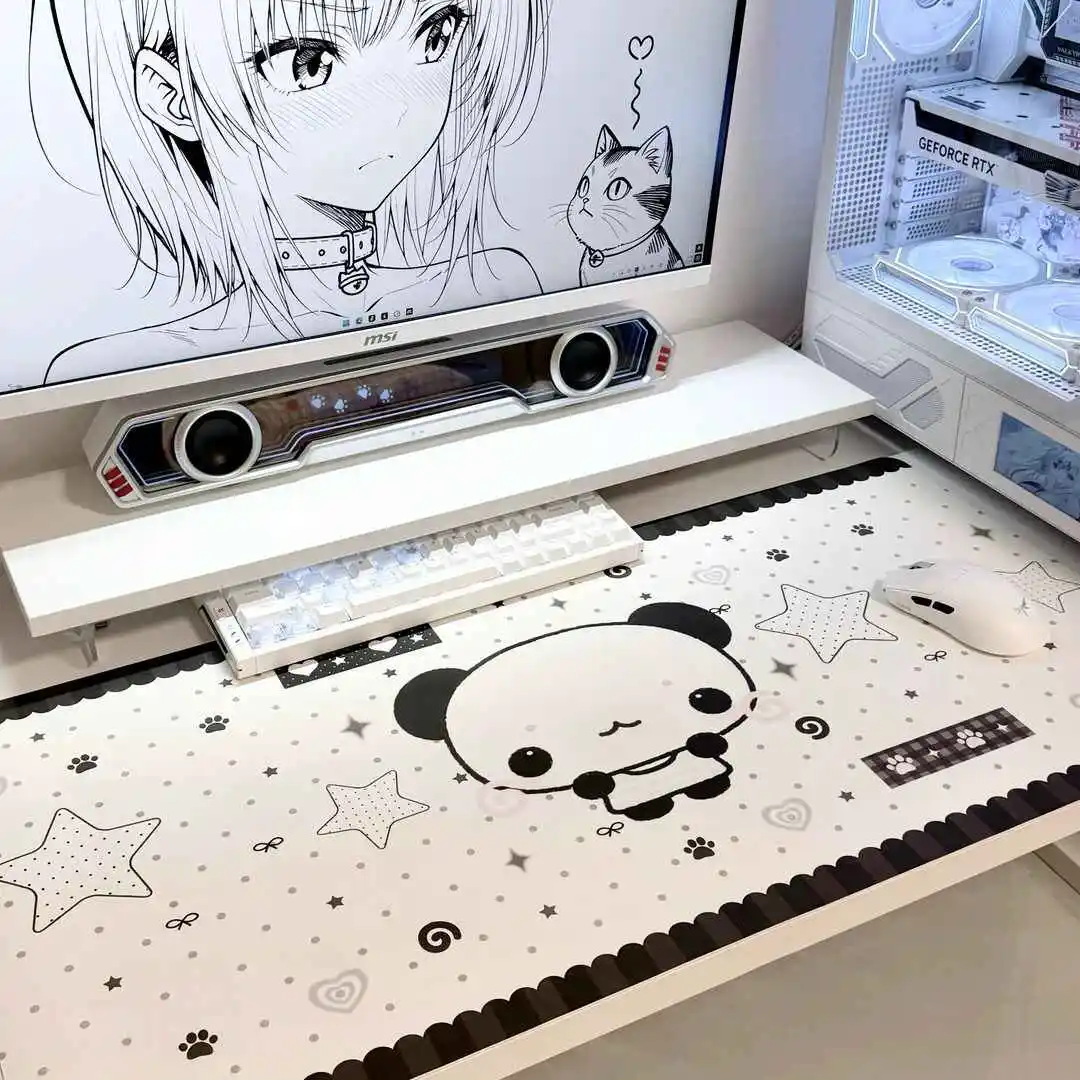 

Коврик для мыши с милым рисунком панды, большой, из кожи, с аниме-дизайном, моющийся, для клавиатуры, для компьютерного стола, для киберспорта, нескользящий