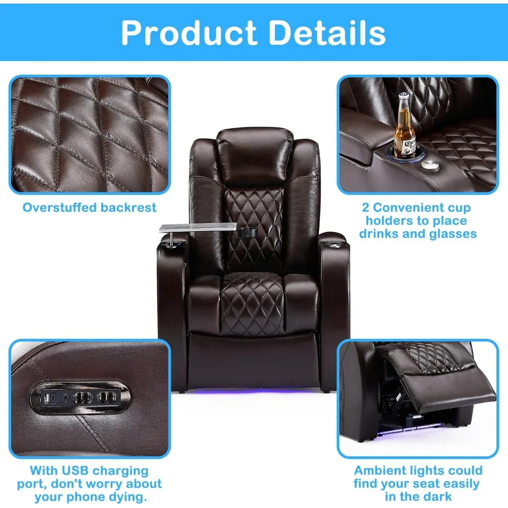 Home Theater Seating Top Grain Leather Recliner Chair Dual Power Movie Gaming Sofa Electric Headrest with Tray Table Type-C USB