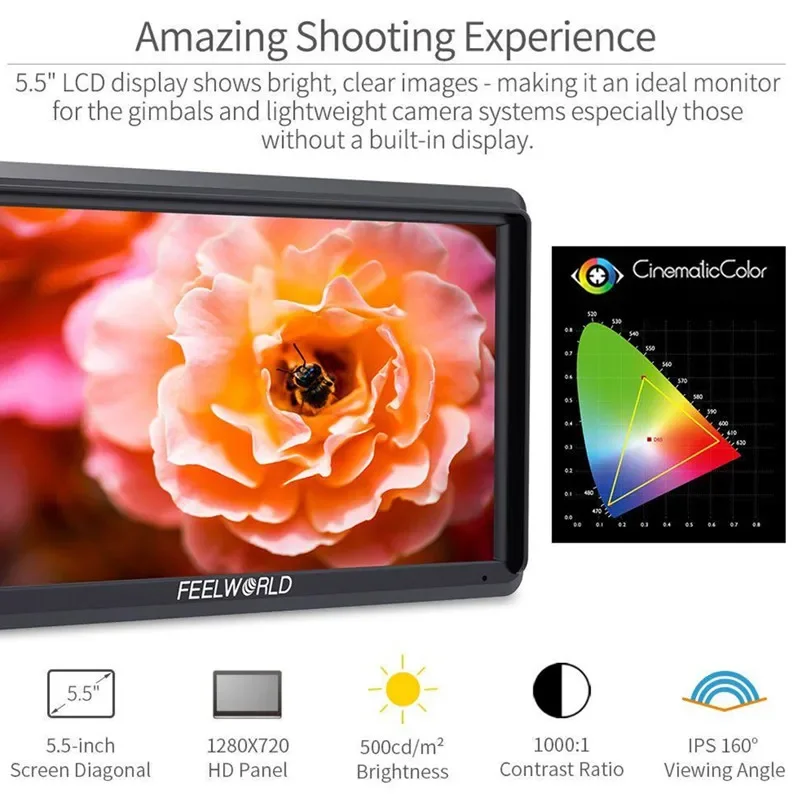 FEELWORLD S55 5,5-дюймовый IPS в камере Полевая DSLR monito Focus Assist 1280x720 Поддержка 4K HD-MI Вход Выход постоянного тока Включает наклонный рычаг ma