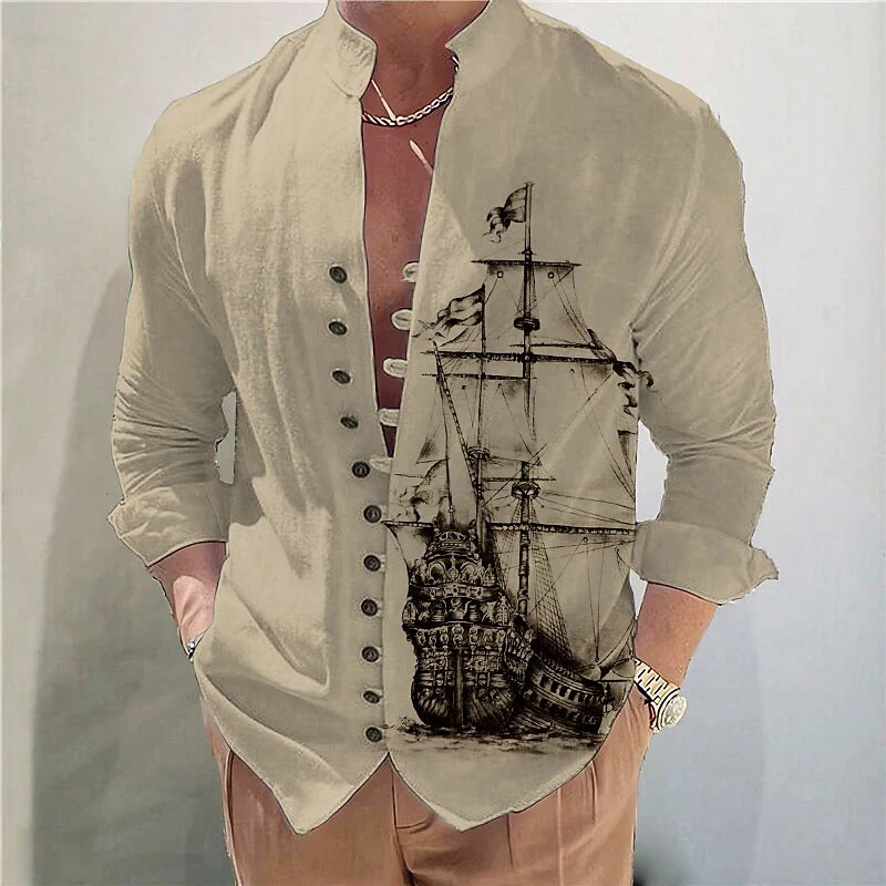 

2025 Vintage Sailboat Shirts Men Fashion Casual Single Breasted Shirt Male Outdoor Standing Collar Long Sleeve Top Homme Camisas