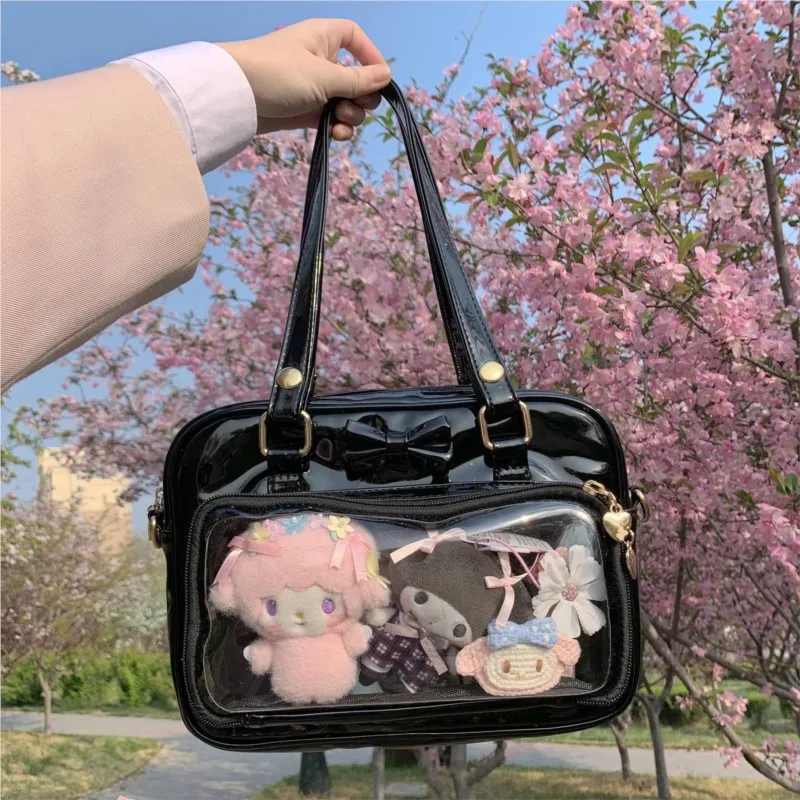 

JIAERDI Sweet Bow Black Ladies Ita Bag Square Leather Tote Bag Women Harajuku Large Capacity Transparent Shoulder Bag Y2k 2025