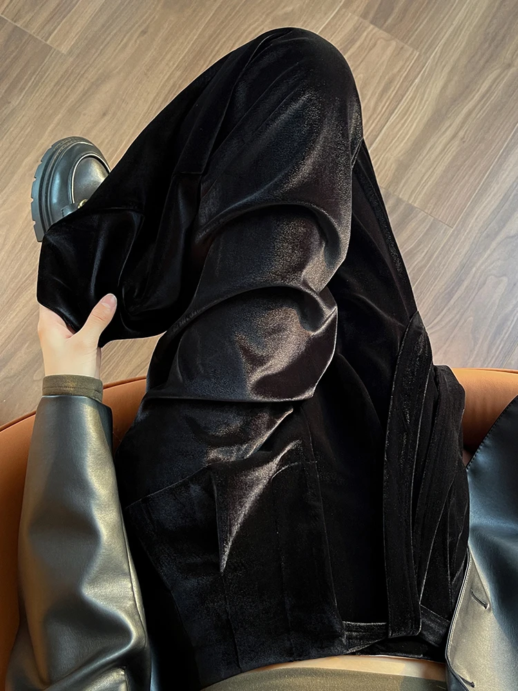 กางเกงขายาวทรงตรงผ้ากำมะหยี่สไตล์เรโทรสำหรับผู้หญิง เอวสูง ทรงหลวม ผูกเชือก สไตล์เกาหลี วินเทจ สำหรับฤดูใบไม้ร่วงและฤดูหนาว ดูสง่างาม