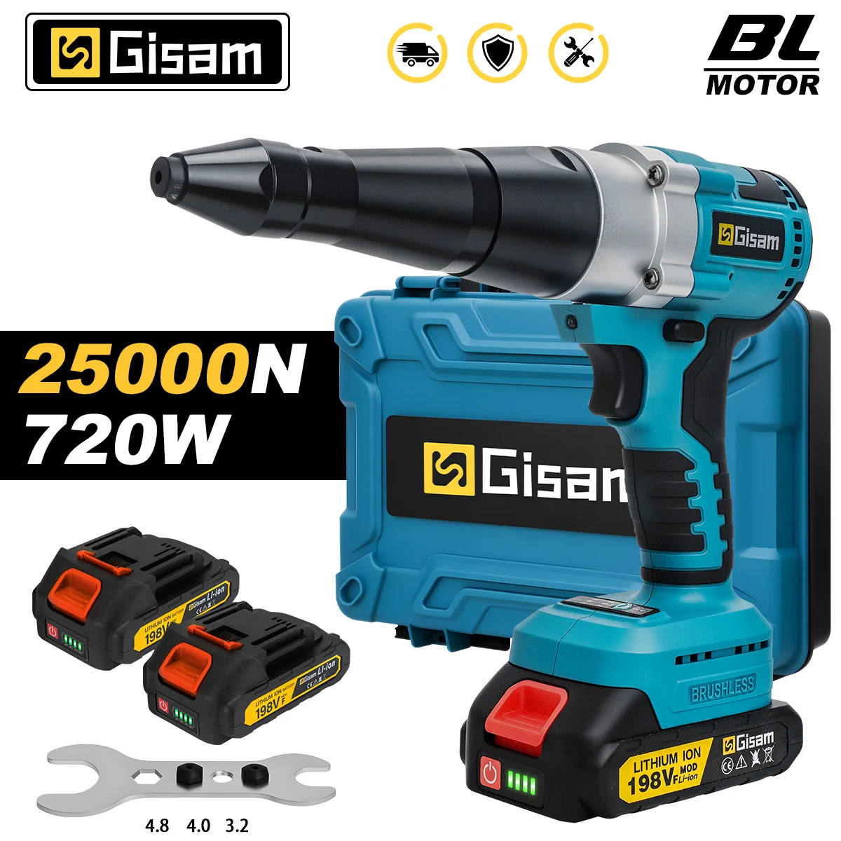 Pistola remachadora eléctrica sin escobillas de 20000N, 2.4~4.8mm, inalámbrica, para tuercas remachables, herramienta eléctrica de inserción para taladro, compatible con baterías Makita de 18V.