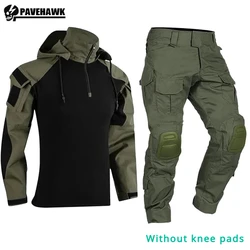 Men Train Sets Field Combat Camo Hooded Tops+Multi Pocket Tactical Pants Waterproof Hunting Uniform Frog Suits Without Knee Pads