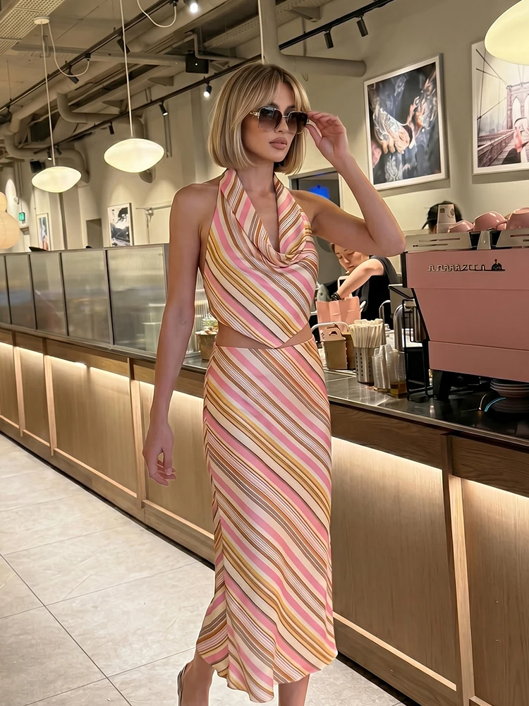 HH Y2K Striped Satin 2 Piece Co-Ord Women's Halter Neck Tie Back Top & Long Skirt Sexy Summer Going Out Vacation Party Outfit view 6