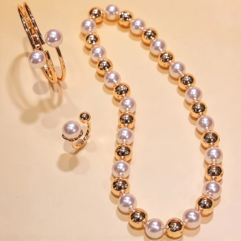 Cameo 925 Silver Synthetic Gold Round White Shell Pearl Luxury Necklace Bracelet Ring Banquet Party Fine Jewelry Set
