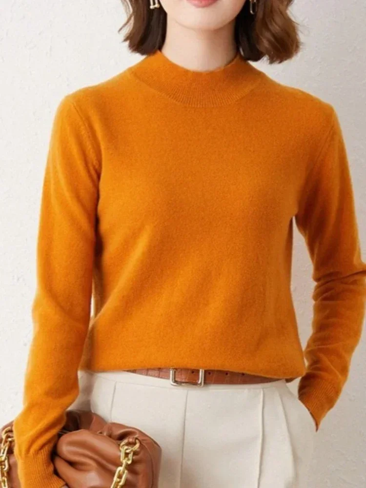 

New Autumn Winter Women Sweater Korean Fashion Warm Bottoming Shirts Half High Collar Knitwear Solid Long Sleeve Tops Pullovers