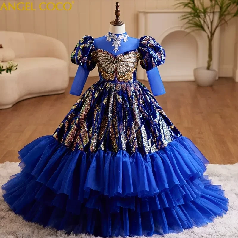 Luxury Baby Girl Dress Glitter Long Sleeve Sequin Infant Puffy Birthday Dress Pageant Princess Prom Gown First Communion Dress