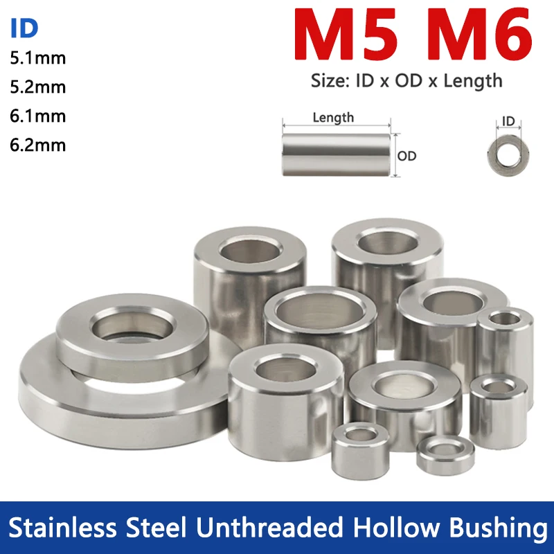 Stainless Steel Bushing M5 M6 Round Hollow Unthreaded Standoff Spacer Washer Gasket Sleeve OD 8/10/12/16/20 Length 1-20mm