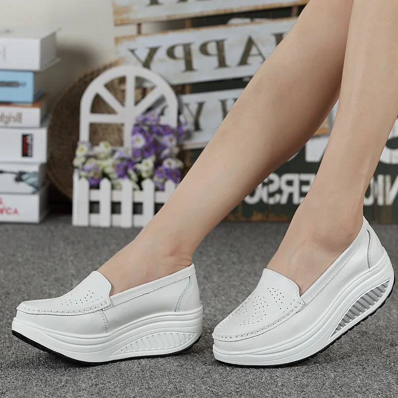 New Women\'s Genuine Leather Platform Shoes Wedges White Lady Casual Shoes Swing Mother Shoes Size 34-41