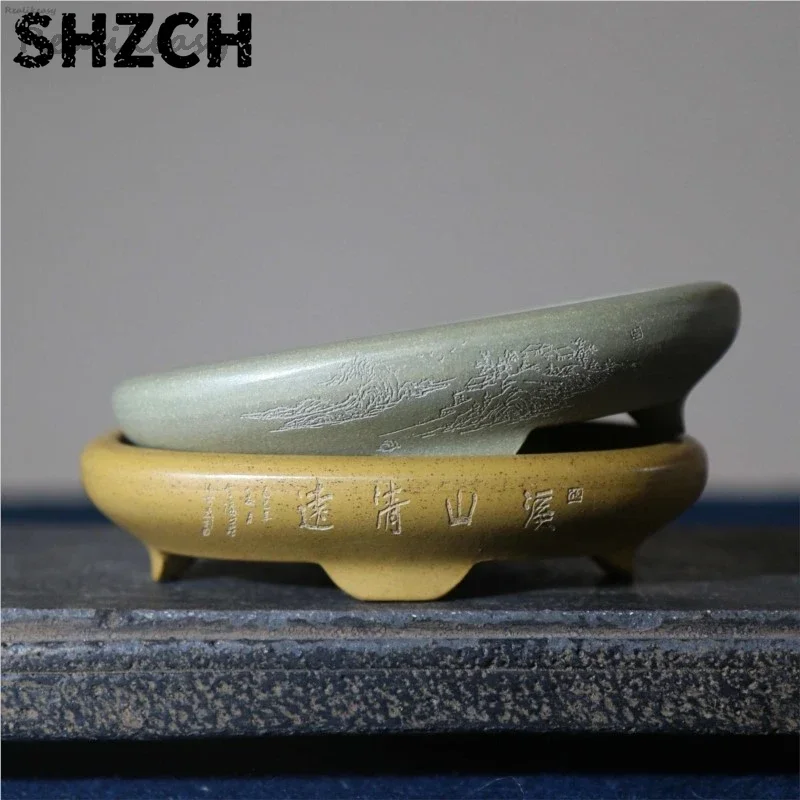 Yixing Purple Clay Oval Flower Pot Chinese Simple Handmade Bonsai Pot Home Desktop Decoration Engraved Antique Flower Pot LH840