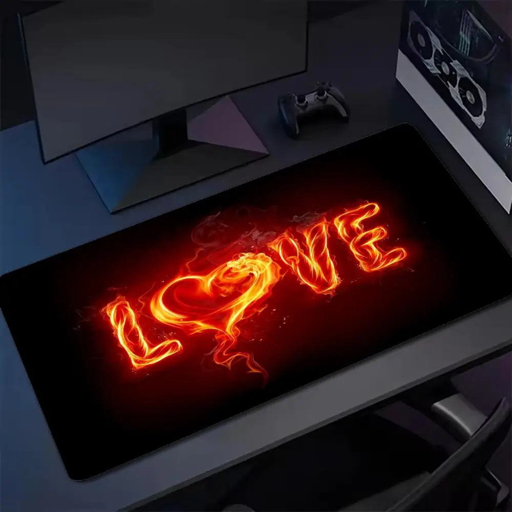 Flame Love Text Large Gaming Mouse Pad XXL Romantic Fire Deskmat Non-Slip Rubber Game Mouse Mat Computer Keyboard Mats Gamer