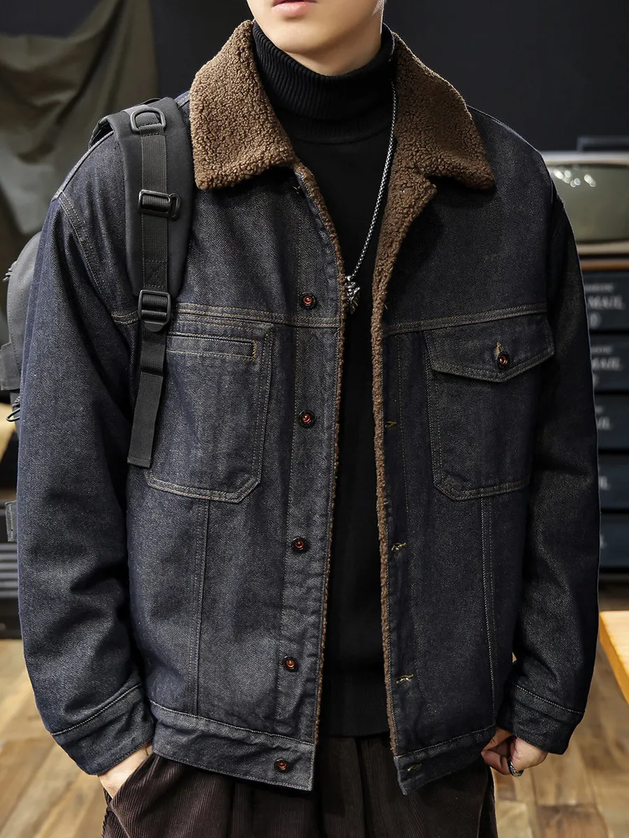 

Men's Winter Thiened Lamb Velvet Denim Jaet Warm Fce Lined Retro American Sle Cotton Workwear Jaet Youth Faion