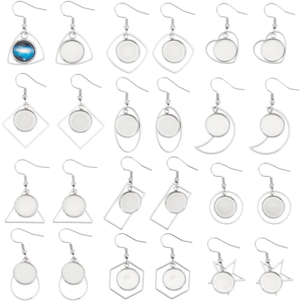 

12 пар, 12 стилей, подносы для сережек из нержавеющей стали, стеклянные пустые купольные висячие серьги, кабошон, проволочные крючки для сережек