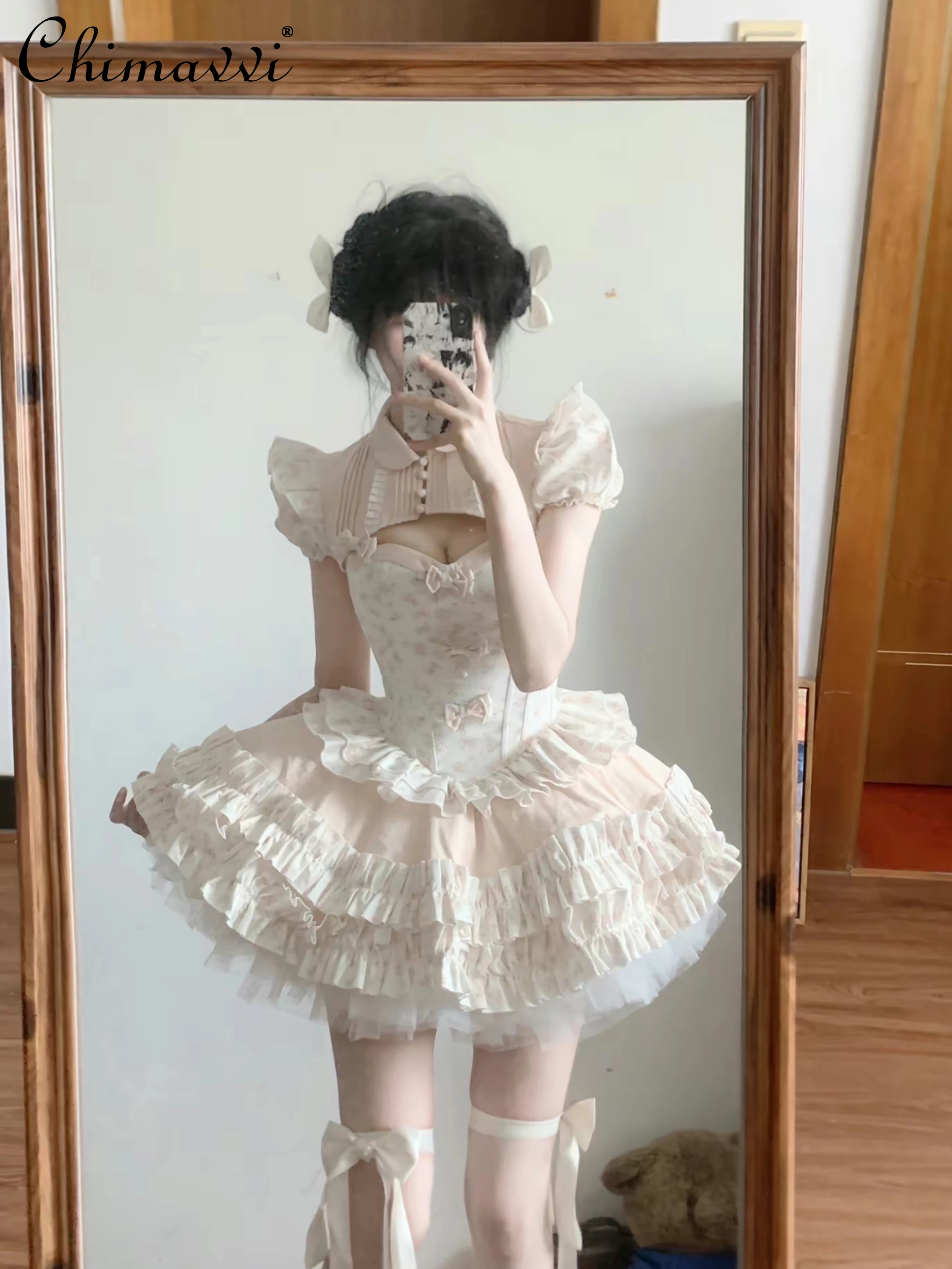 Set rok putri elegan Perancis rok gaun atasan ramping tanpa tali pita manis mantel lengan pendek mantel anak perempuan Lolita set tiga potong