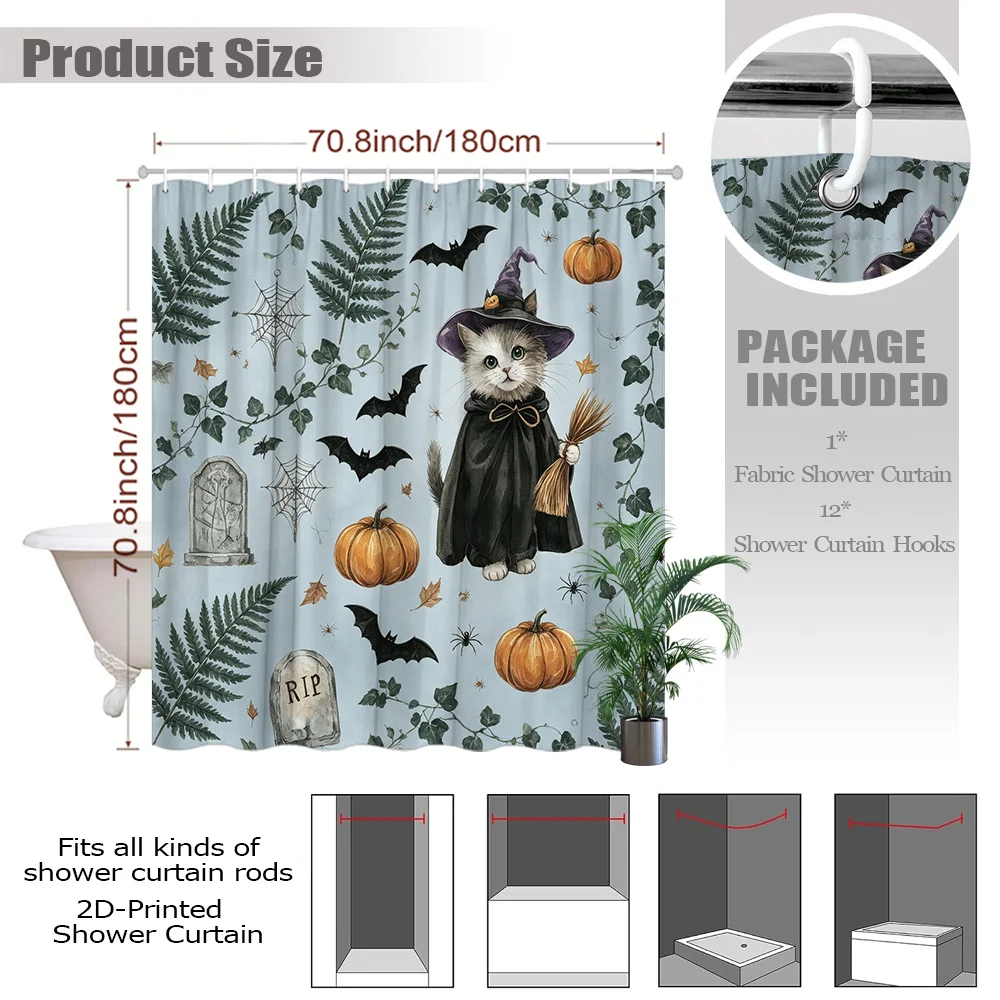 1pc Halloween Watercolor Cat Witch Shower Curtain Cute Wizard Kitten with Broom Spooky Pumpkin Bat Spider Web Ivy Fern Graveston