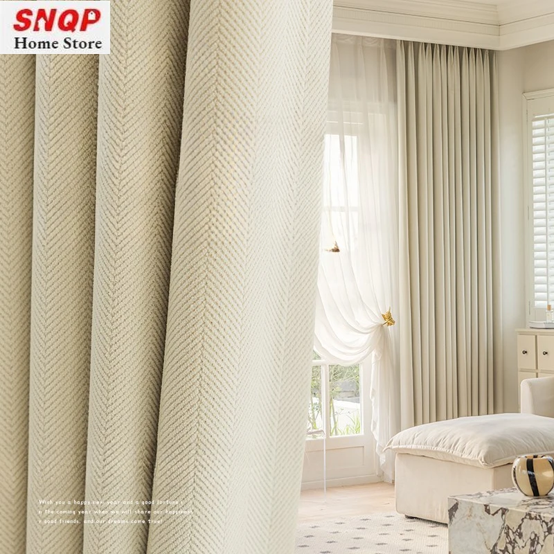 

Beige Herringbone Chenille Thickened Luxury Curtains for Living Room Bedroom Dining Blackout White Tulle Fashion Jacquard Window