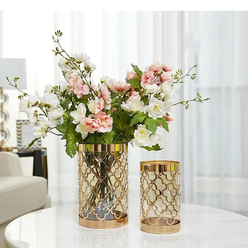 Creativity Glass Vase Metal Rack Pattern Transparent Golden Print Modern Home Flower Arrangement Accessories Decoration