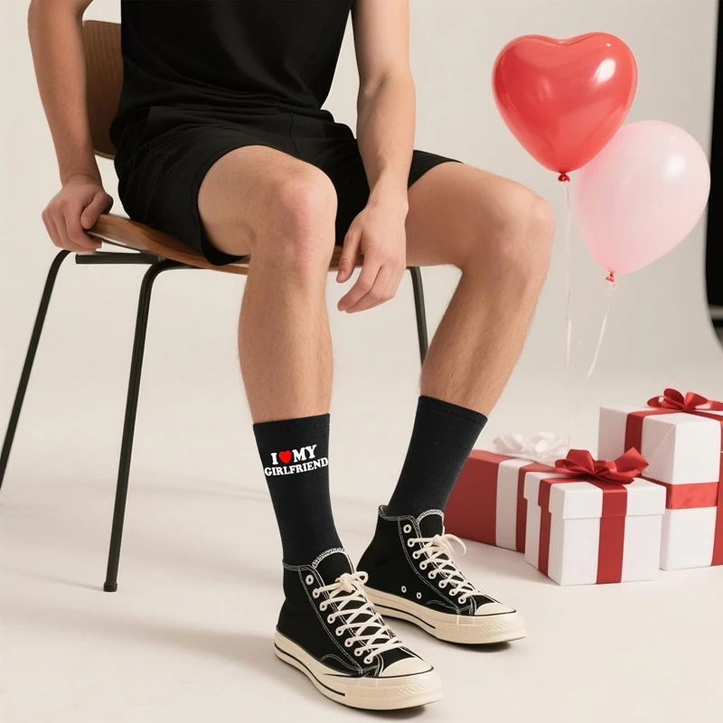 1 Pair Couple Socks Autumn/Winter I Love My Wife Pure Cotton Socks Valentine's Day Light Weight Breathable For Sports Daily Wear