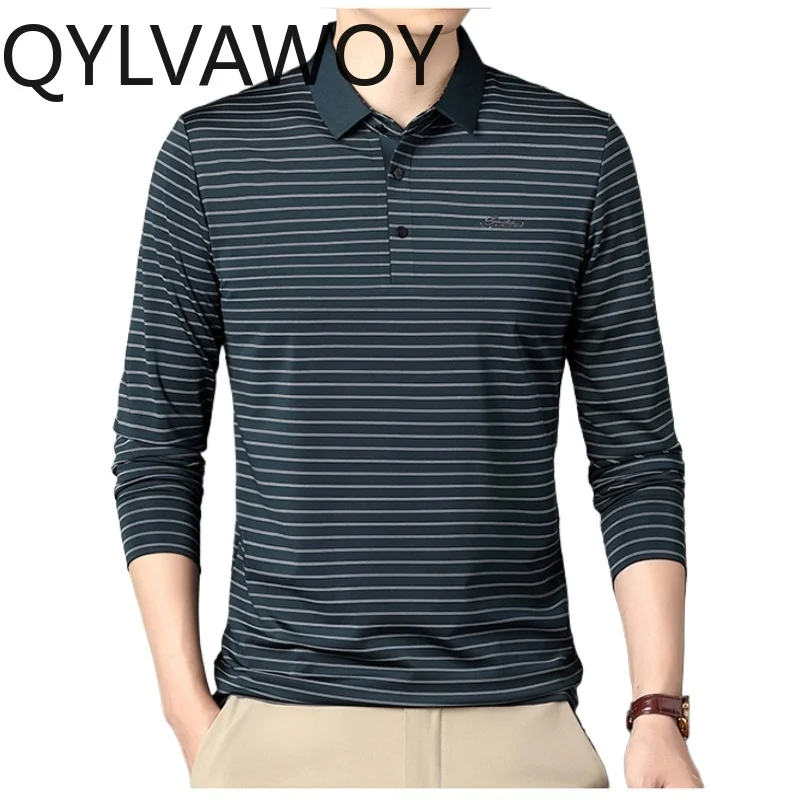 QYLVAWOY Mens T Shirts Autumn Spring T-Shirts for Men Clothing Business Casual Long Sleeve Top Striped T-shirt 2024 Streetwear