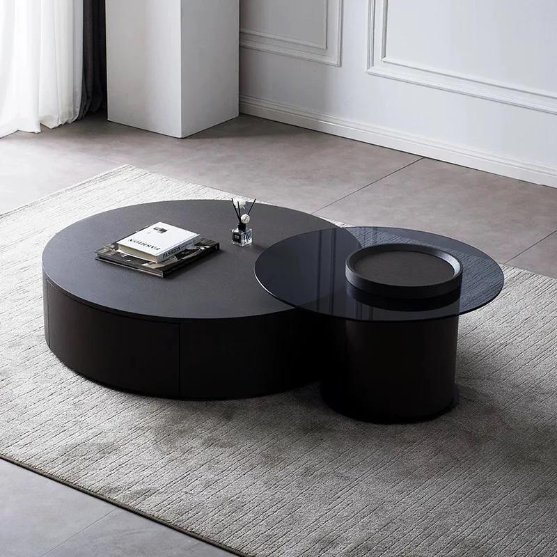 

Modern round pine table with tempered glass top storage drawer
