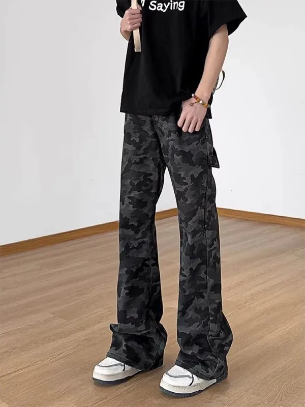 American Vintage Camouflage Pants Men's Straight Leg Flared Workwear Denim Spring Youth Fashion Logging Patterned Jeans
