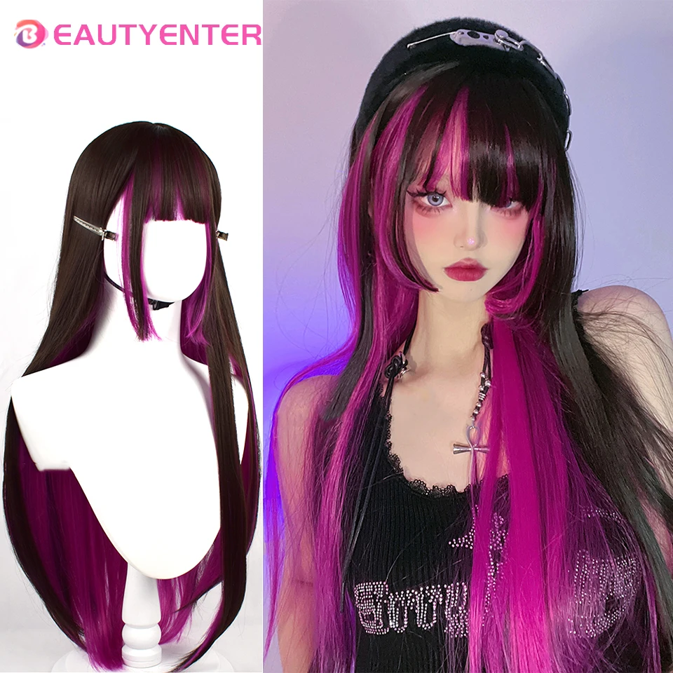 BEAUTYENTER syntetyczna długa prosta peruka Lolita z grzywką peruka dziewczyna śliczne mieszane czarne czerwone blond na imprezę Cosplay Halloween