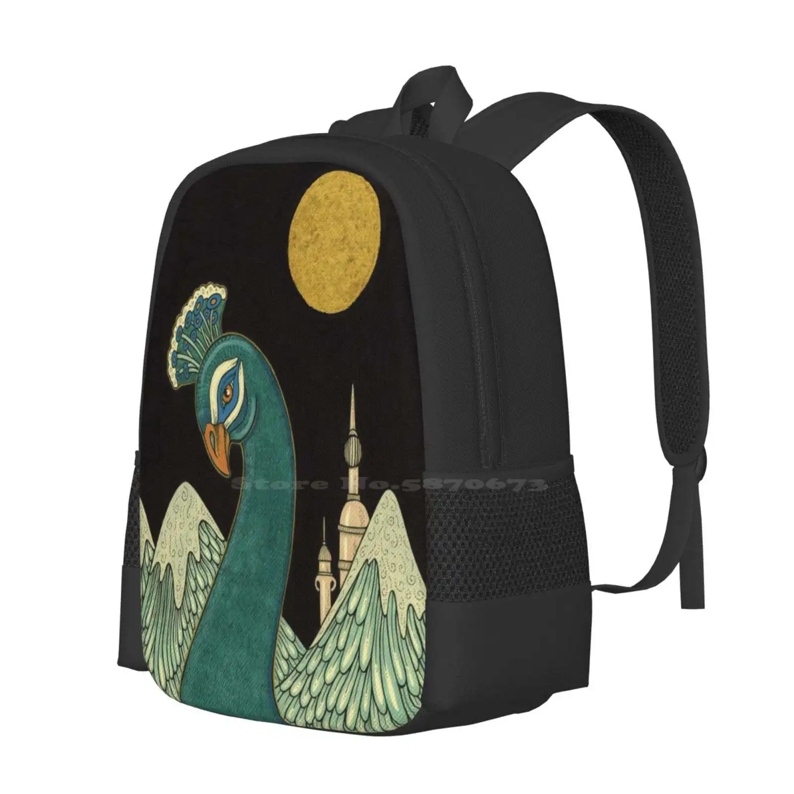 Sovereign Bag Backpack For Men Women Girls Teenage Peacock Bird Turquoise Gold Ink Anita Inverarity Feathers Mountain Moon India