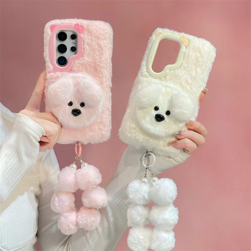 Kawaii 3D Furry Puppy Hard makeup mirror Phone Case For Samsung S26 S25 S24 S23 Ultra Plus Cute Doll Design With Fluffy Cover