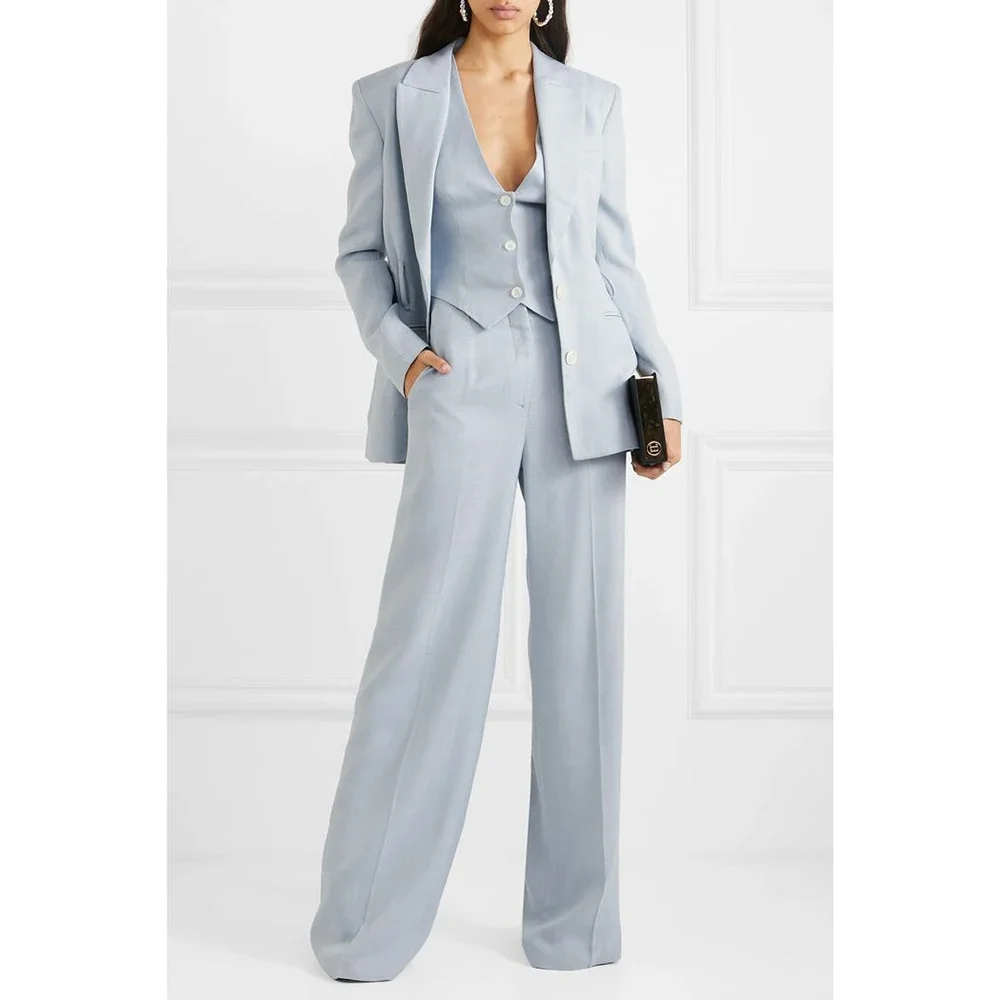 Women Suits Light Blue Office Lady Daily Casual Fashion 3 Piece Peak Lapel Single Breasted Solid Pants Sets (Jacket+Vest+Pants)