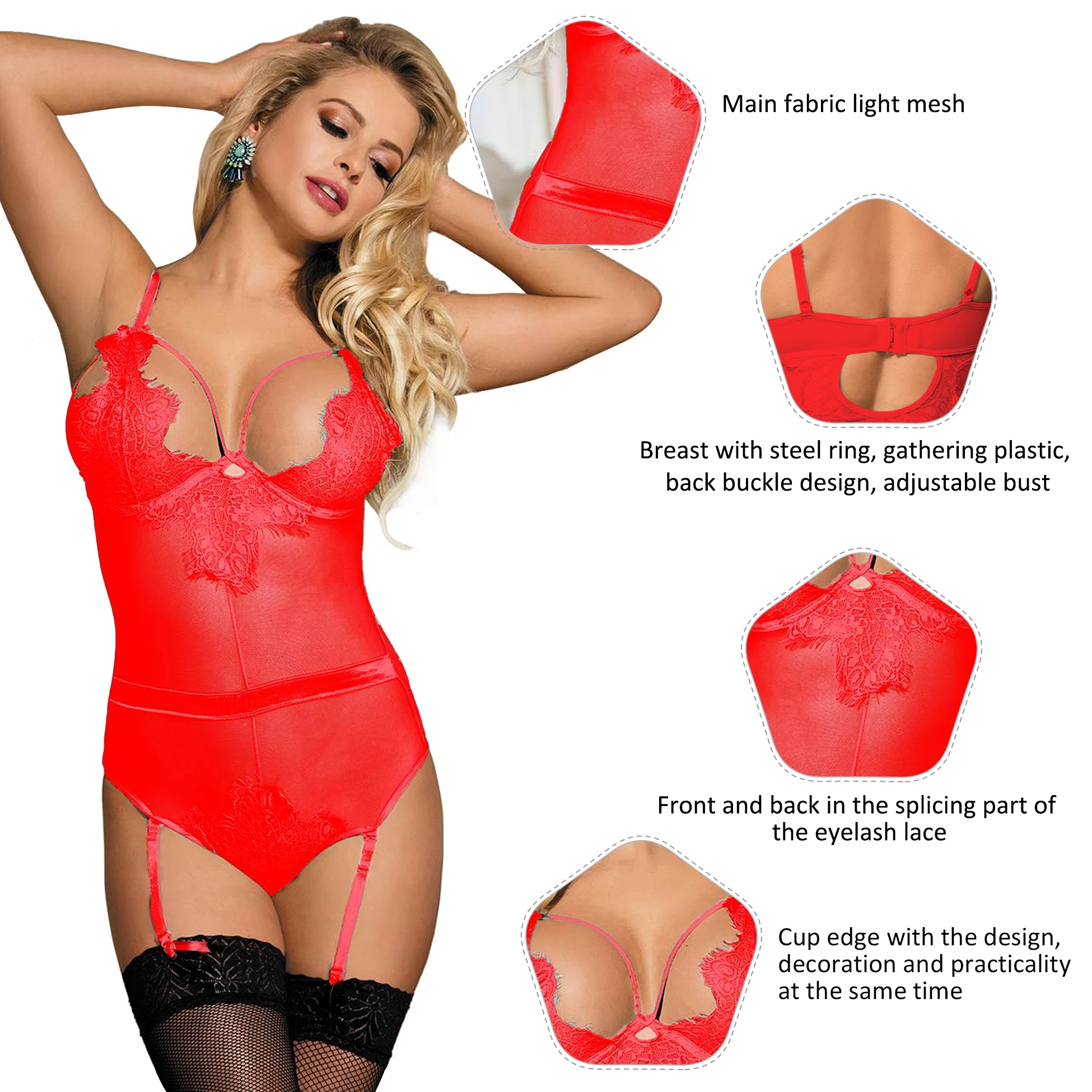 Ohyeahlady Sexy Underwire Bodysuits Garter Lingerie Hollow-out Teddy Underwear 5XL Oversized Jumpsuits Lace See Through Playsuit