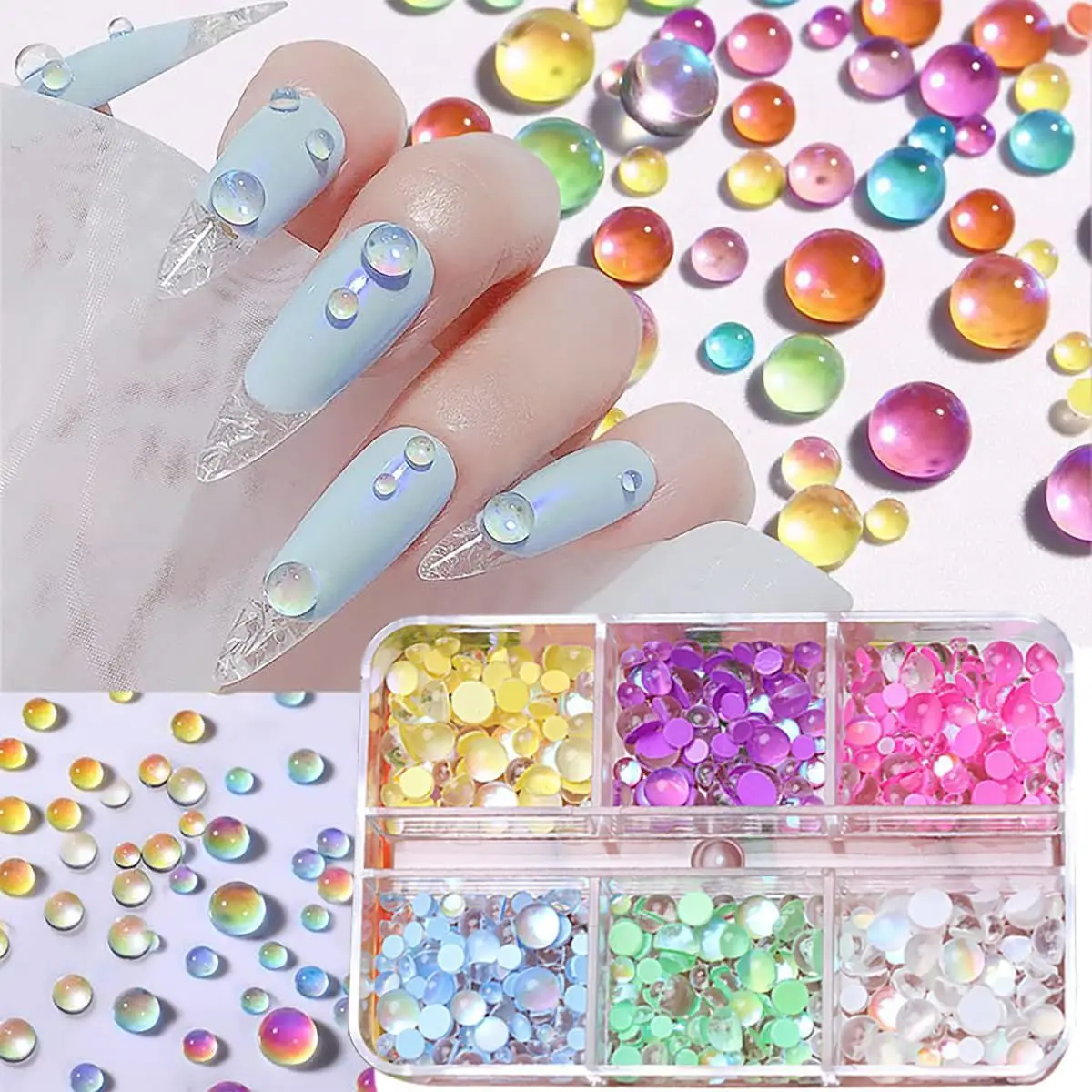 Breloques Macaron bulle perles Nail Art arc-en-ciel sirène larmes Nail Art pour l'été Aurora demi-sphérique verre décorations pour ongles 1 boîte