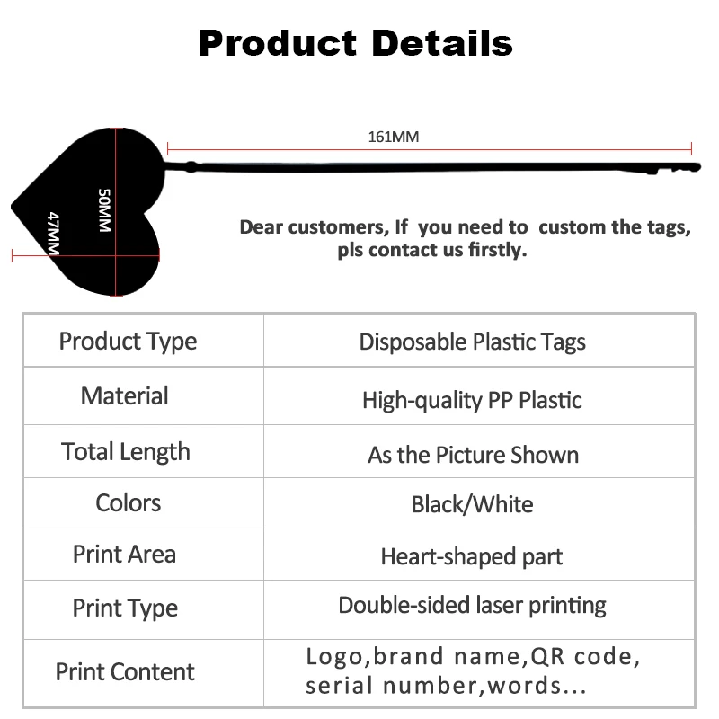 100Pcs Custom Disposable Plastic Hang Tags for Clothing Garment Apparel Bag Heart Shape Security Seals Personalized Logo Labels