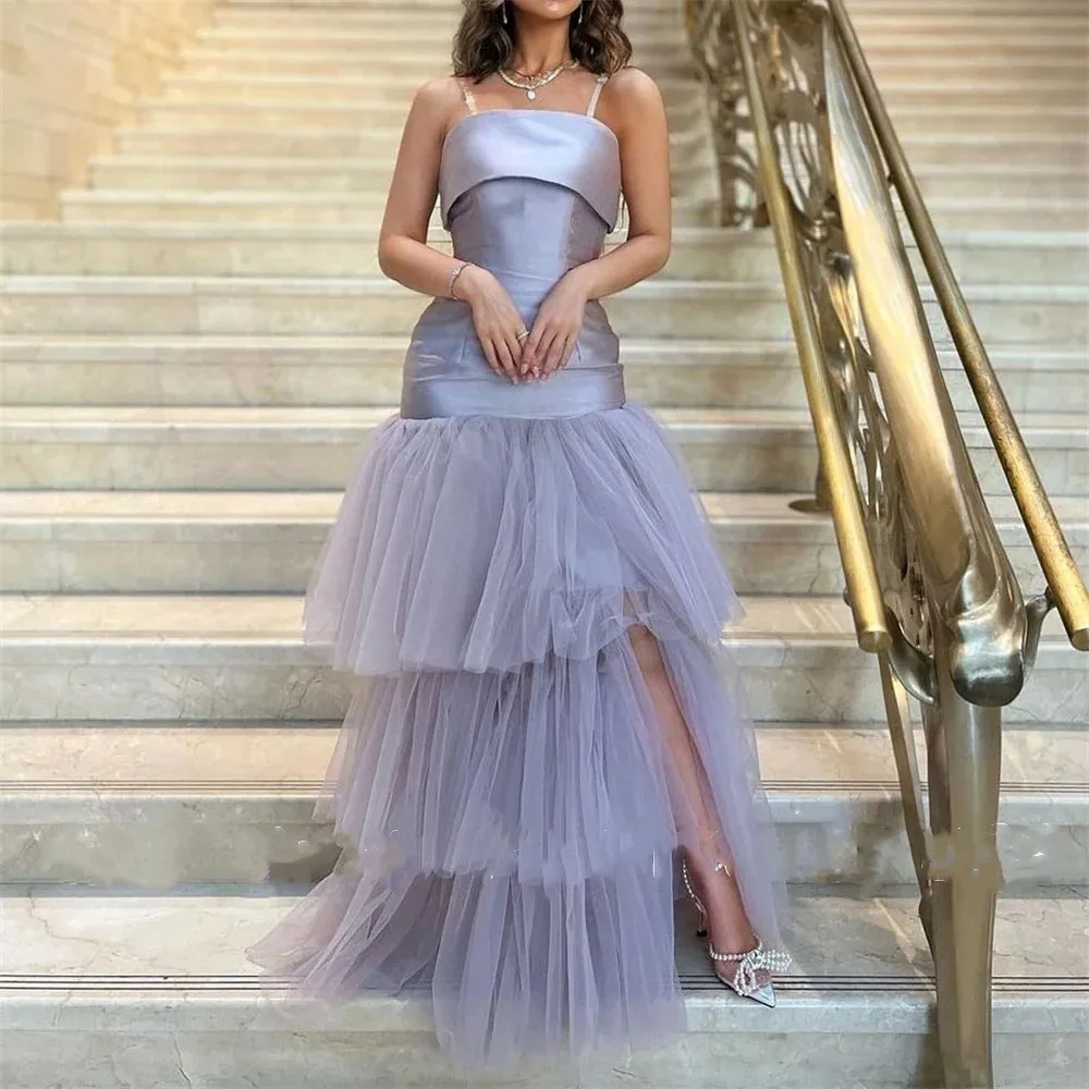 Flora-Purple Satin Spaghetti Strap Dress, mangas sereia vestidos de noite, Side Slit Tulle Sweep Train Prom Gown, elegante