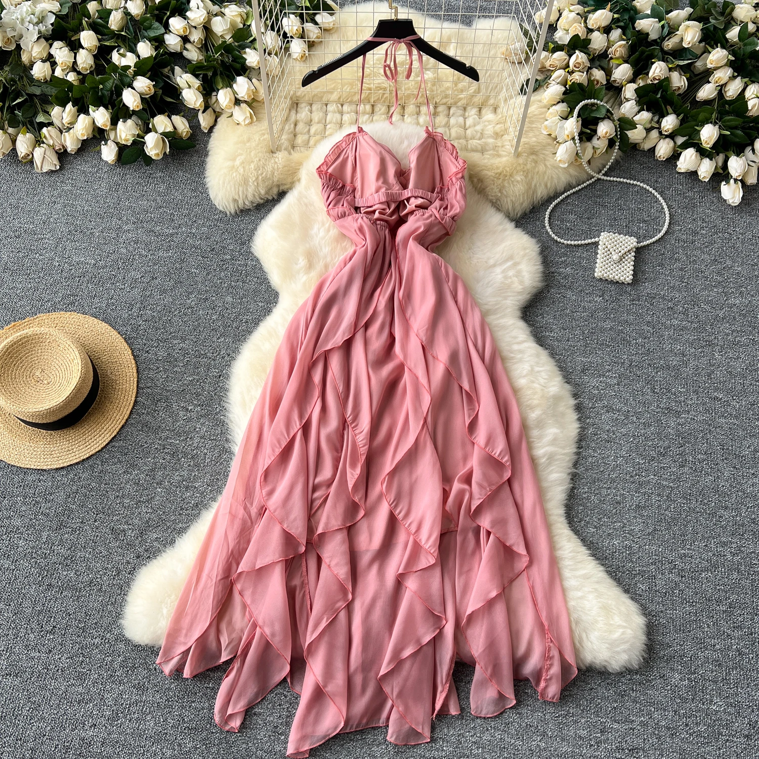 Sexy v neck asymmetrical ruffle chiffon summer halter Dress Chic Vintage Korean Fashion Women Beach Casual Slim dresses