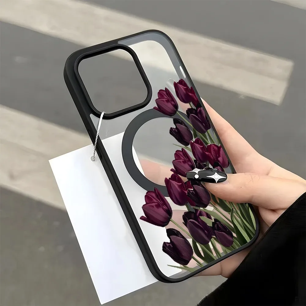 Image of Vintage Dunkelviolette Tulpen 2D-Druck Magnetische Transparente Handyhülle für iPhone 17 16 15 14 13 12 Pro Max 11 16 Plus 16E 17E 17Air Cover