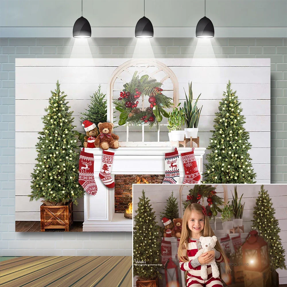 Рождественский фон для камина, детская фотосессия, деревянная стена, зимние деревья, фон, венок, Санта-Клаус, носки, детская фотостудия