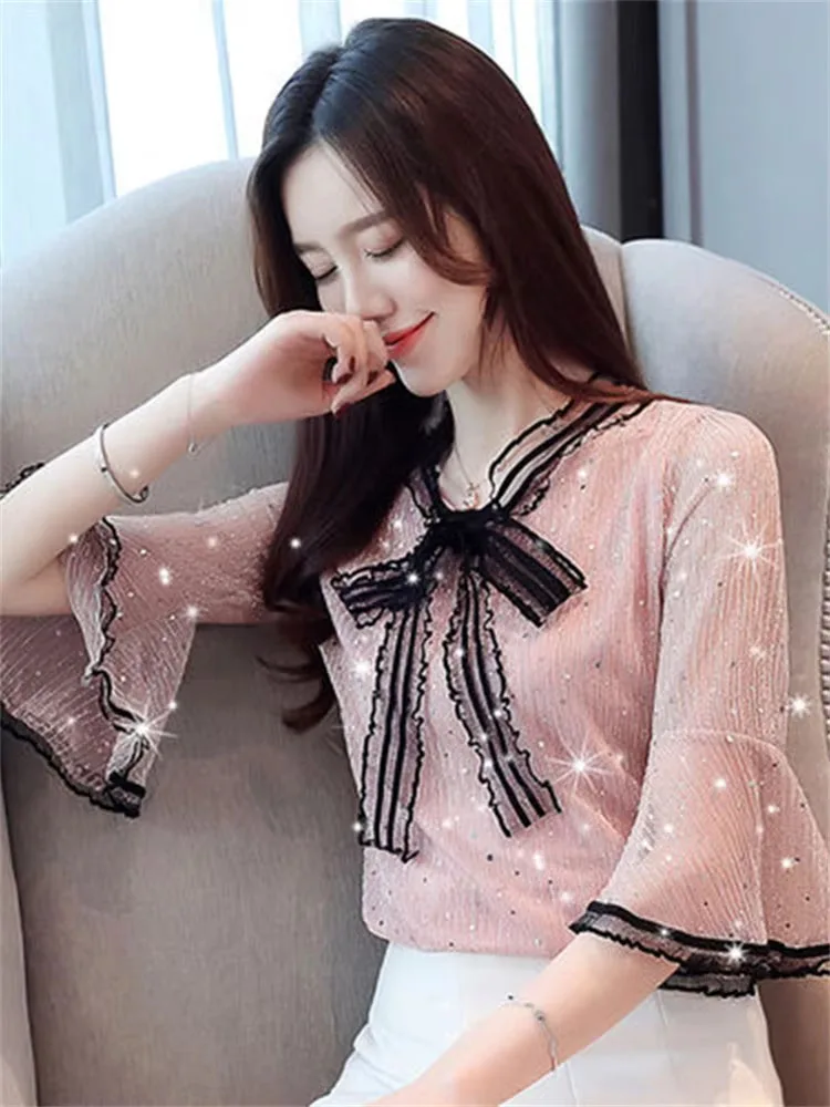 

Women Spring Summer Style Chiffon Lace Blouses Shirts Lady Casual Short Flare Sleeve Bow Tie Collar Blusas Tops