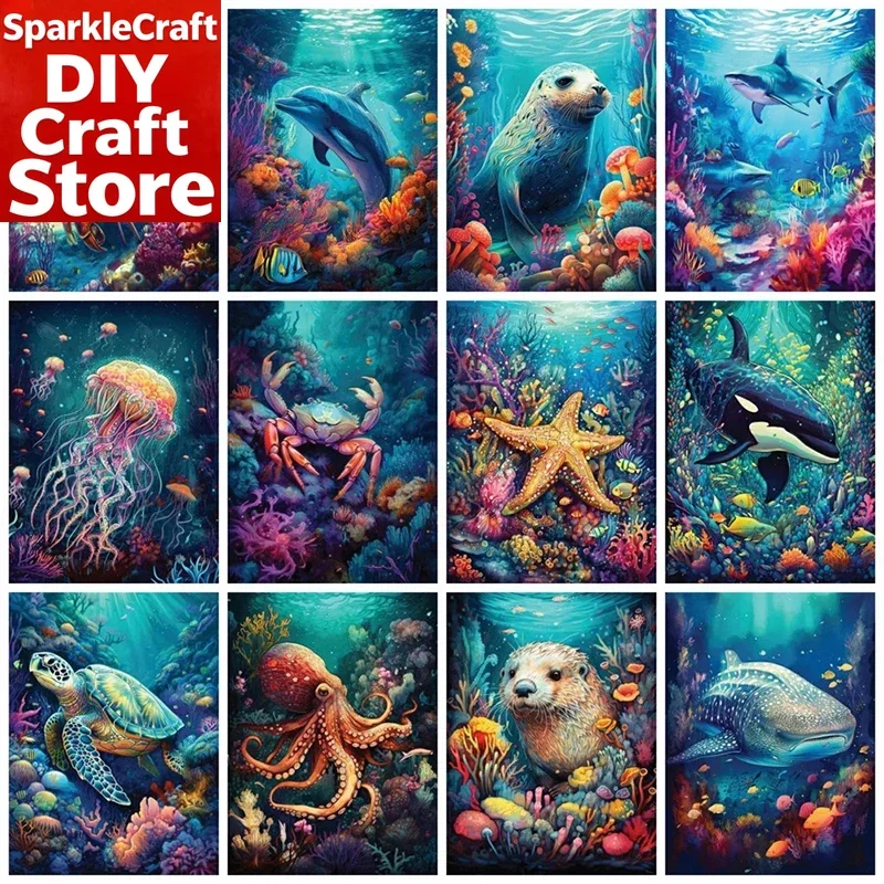 Kit de pintura de diamantes redondos sin marco, cuadro completo, decoración del hogar con delfines y tortugas marinas, mosaico bordado, arte de pared con animales, 1 unidad
