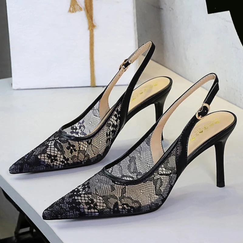 BIGTREE Elegant Hollow out Lace Mesh High Heels with Buckle Fine Heel Pointed Toe Women Party Versatile High Heel Single Shoes